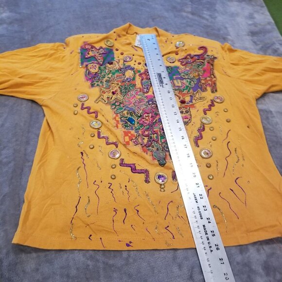 Vintage KWBL Los Angeles Mock Neck Mirror Paint Metallic Top 3/4 Sleeve Mustard - Picture 7 of 7